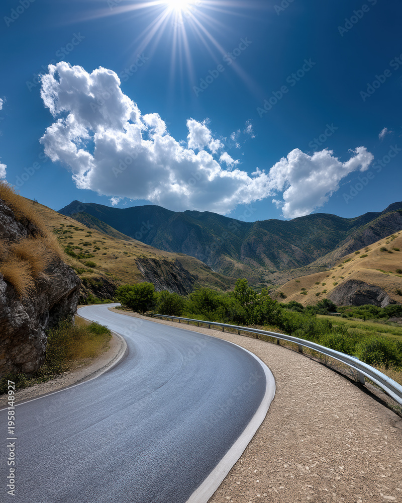 Naklejka premium Curved asphalt road mountain blue sky sun cloud summer scenic nature outdoor landscape. Curved asphalt road winds through mountain landscape