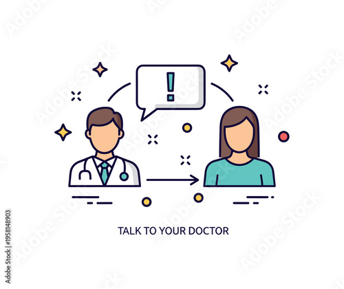 Informed consent discussion scene featuring a doctor silhouette and patient icon connected by a speech bubble with a small exclamation mark inside, expressing