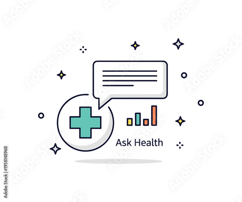 AI health assistant interface illustrated by a chat bubble beside a medical cross and small data bars. A compact ?Ask Health? text detail reinforces