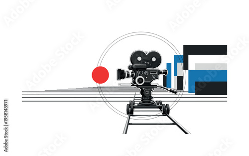 Black and white camera on dolly track on a minimal film set, vivid red circle marking focal point ahead, thin horizontal track lines extending across