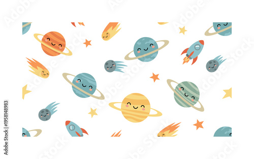 solar system planets rings stars comets and tiny rockets illustrated as cheerful astronomy icons, flat vector rounded shapes, bright modern colors with ?