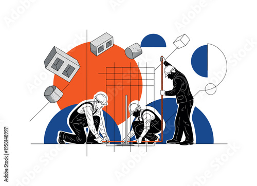 black and white builders measuring and setting the base of a new home structure, cut-out workers with white outline effect, bold orange circle behind