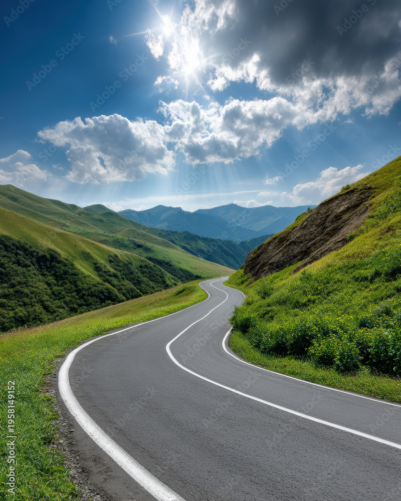 Obraz premium Curved asphalt road mountain green hill blue sky sunlight summer scenic landscape outdoor travel