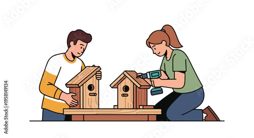 Two people assemble wooden birdhouses using tools and hands