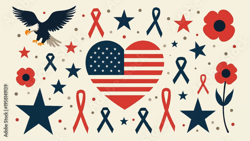 Set of patriotic icons vector with American flag heart