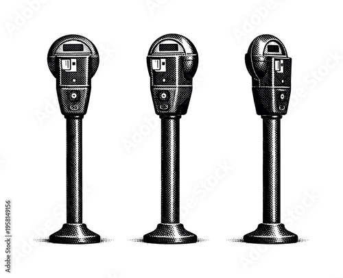 Parking meter full assembled unit. A realistic parking meter displayed as one object in three different views, capturing the complete meter head, pole, and