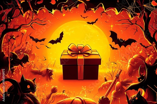 Create your festive Halloween messages with this vibrant holiday card design featuring themed decorations