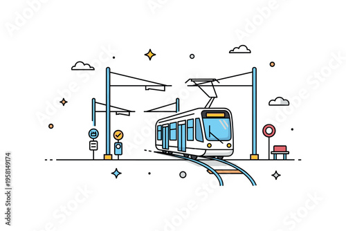 Urban tram system a modern tram gliding along simple rails with overhead line symbols and small station icons expressing clean and efficient city mobility.
