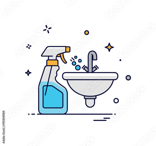 Restroom sanitation routine shown through a simplified cleaning spray bottle beside a sink icon, representing regular maintenance and disinfecting practices.