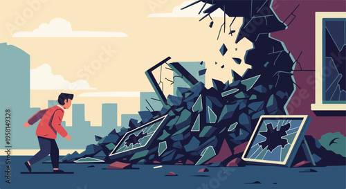 Man surveys a pile of rubble and broken glass from a collapsed building