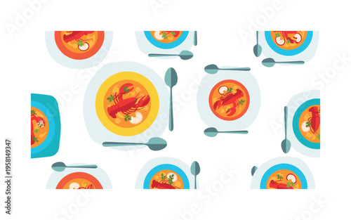 seafood bisque bowls with lobster pieces herbs and spoons arranged as decorative gourmet food motifs, flat vector rounded shapes, bright modern colors with ?