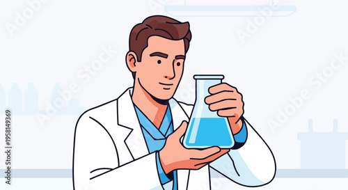 Scientist in lab coat holding beaker with blue liquid, in a laboratory