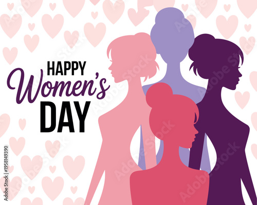 A vibrant illustration celebrating Women's Day with silhouettes of women in different colors