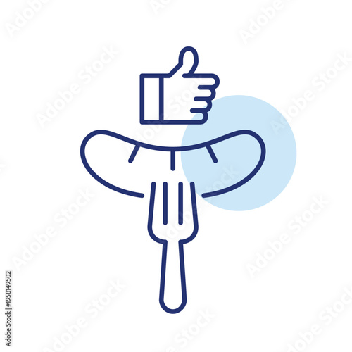 Sausage on fork and like. Fast food order approval, meal satisfaction positive customer feedback. Pixel perfect, editable stroke vector icon