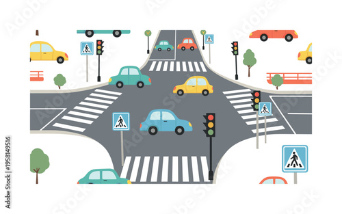 city street crossing zebra crosswalk cars traffic lights and pedestrian symbols stylized as friendly transport motifs, flat vector smooth rounded geometry,