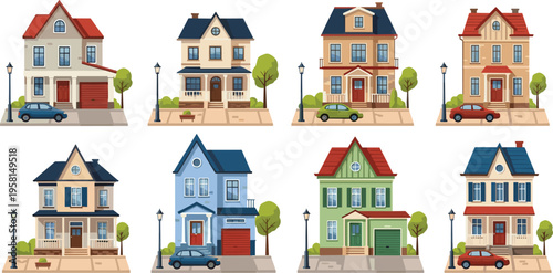 Suburban houses collection set with modern family homes, colorful residential buildings and street elements, real estate cartoon vector illustration collection