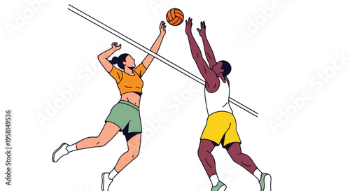 Two athletes leap near a net for a volleyball