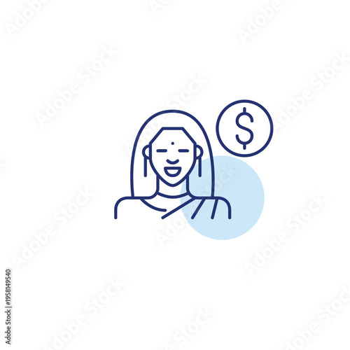 Indian woman wearing glasses and dollar symbol. Banking and finances, user subscription. Pixel perfect, editable stroke vector icon