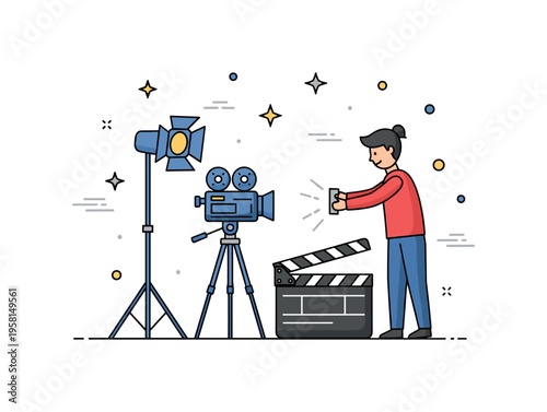 Filmmaking process visualized a small film set with camera tripod studio light and clapperboard arranged around a performer to illustrate the coordinated