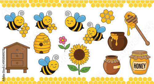 Cute bee and honey set with hive honeycomb jars sunflower and beehive cartoon vector illustration collection