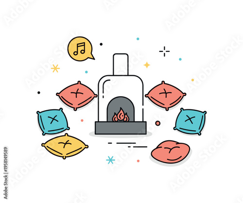 Friends gathering around a simple hearth with soft cushions arranged in a semicircle. A tiny music note icon and gentle decorative stars create a cheerful