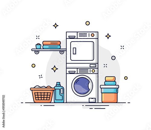 Stackable washer dryer concept a vertical washer dryer unit with a basket of laundry and detergent bottle nearby highlighting efficient vertical space use in