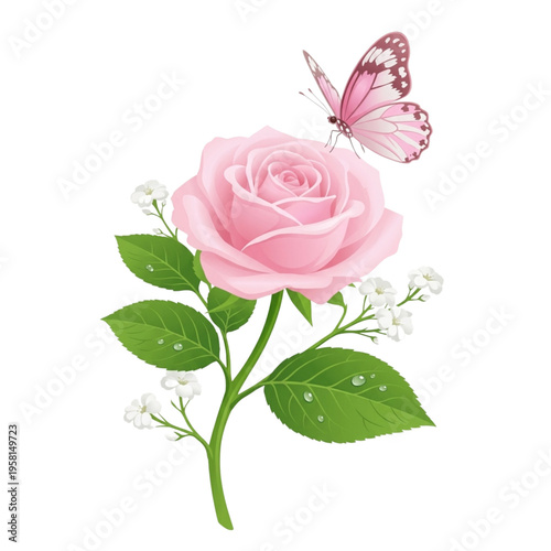 Illustration of a Soft Pink Rose with Butterflies and Dew Drops.