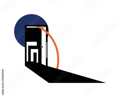 Black and white narrow doorway with exaggerated long shadow stretching across the floor, oversized navy circle dominating upper composition, thin orange arc
