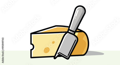 A cartoon wedge of cheese with a knife for slicing