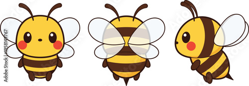 Cute bee character set front back and side view cartoon insect vector illustration