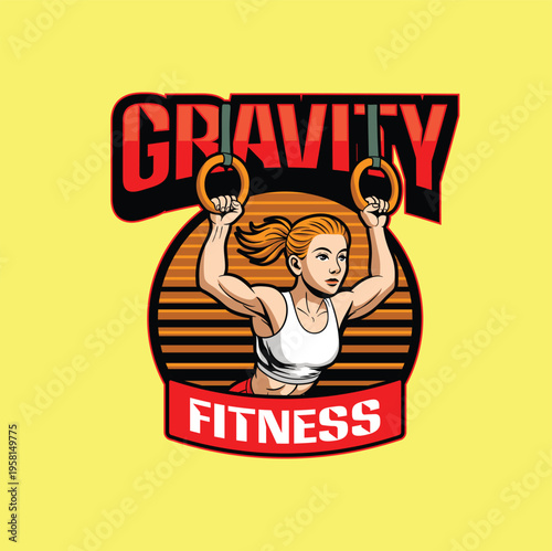 Vintage gym logo featuring a female athlete performing gymnastic ring exercises with retro sunset background