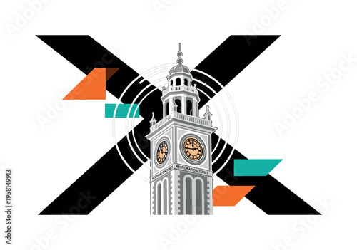 Black and white historic clock tower with highlighted restoration zones, concentric rings around the clock face and diagonal beams structuring composition,