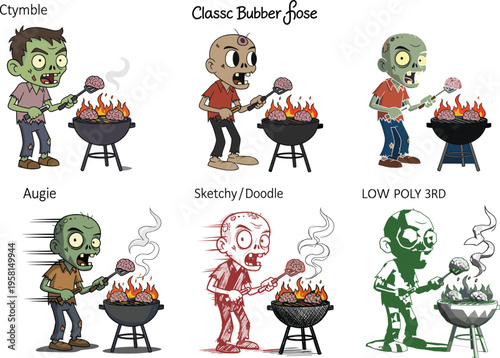 Funny zombie characters grilling brains, cartoon undead cooking barbecue, humorous zombie barbecue illustration, spooky Halloween grilling scene, comic undead BBQ art, playful zombie cook series