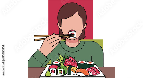Person eating a delicious platter of various sushi and sashimi with chopsticks