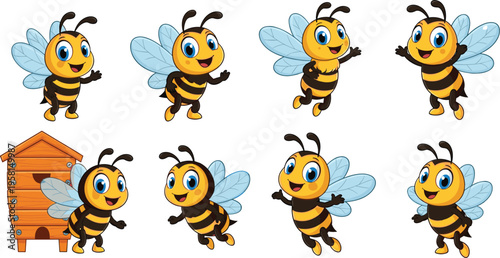 Cute bee characters collection with flying poses and beehive cartoon insects vector illustration set