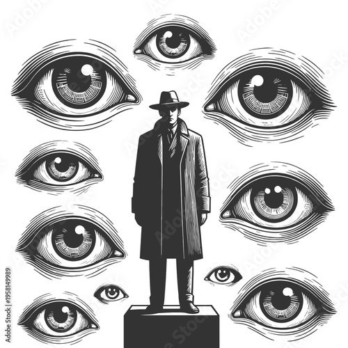 man standing on a pedestal surrounded by many watching eyes, symbolizing imposter syndrome, self doubt, and social pressure sketch engraving vector illustration.. Black and white image.