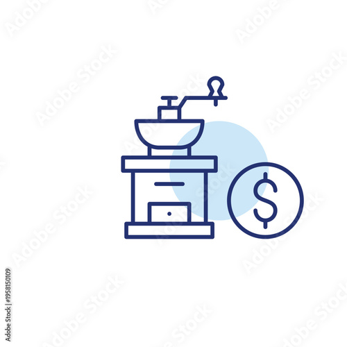 Coffee grinder and dollar. Drinks price, budget friendly cafe. Pixel perfect, editable stroke vector icon