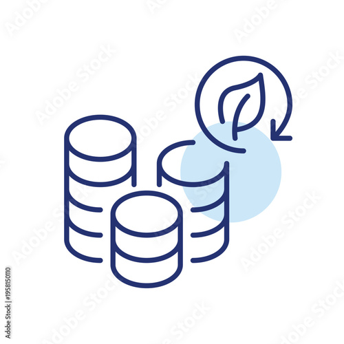 Stack of coins and leaf recycling symbol. Eco-friendly savings, banking and investment. Pixel perfect, editable stroke vector icon