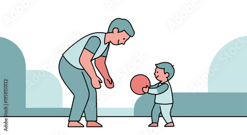 Adult and child playing with a ball in a stylized environment