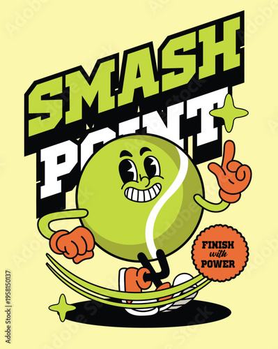 Fun retro tennis ball mascot with smiling face and gloved hands in 70s cartoon illustration style