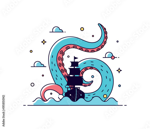 Kraken sea monster legend depicted by a large stylized tentacle curling around a small ship silhouette, expressing ocean adventure and ancient maritime myths.