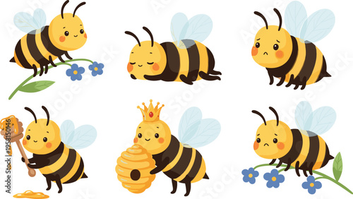 Cute bee characters set with honey flowers and hive adorable cartoon insects vector illustration collection