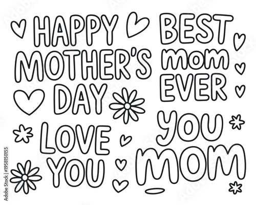 A heartwarming Mother's Day message with flowers and hearts for coloring