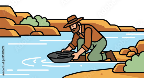 A prospector wearing a hat and vest pans for gold in a rocky riverbed