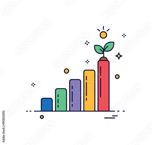Economic growth phase rising staircase of bars with a small plant sprouting at the top, symbolizing optimism and expansion. A concise concept badge about
