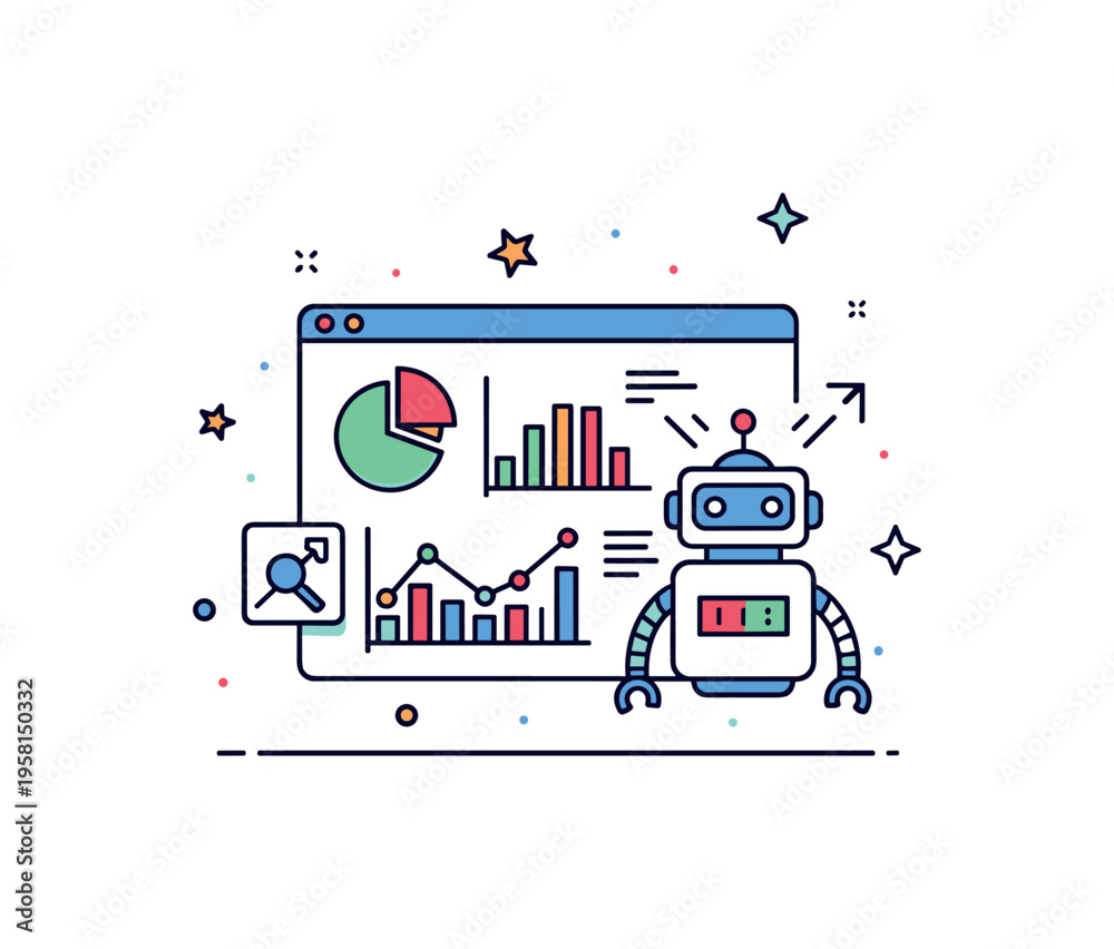 Obraz premium AI powered analytics dashboard a small screen displaying charts and data graphs while a simple robot icon analyzes the information, representing intelligent