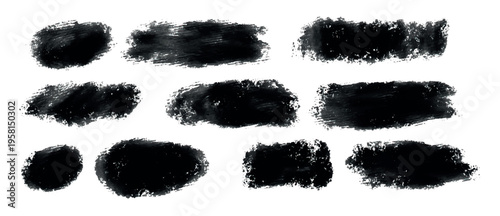 Set of Black Grunge Brush Strokes with rough Paint texture, abstract Ink Smears and Blots. Artistic dirty elements. Vector illustration isolated on white background