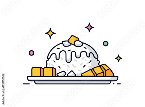 A small plate of mango sticky rice with coconut drizzle and playful decorative sparkles, capturing tropical flavor, sweetness, and appetizing presentation.