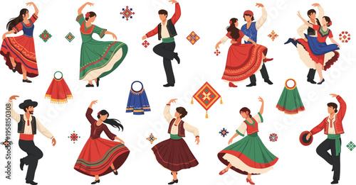 Traditional folk dancers set with couples and costumes, cultural dance cartoon vector illustration