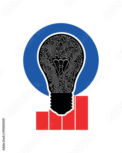 Black and white minimal bulb silhouette filled with abstract circuitry lines and nodes, oversized circular halo behind in electric blue, bold red